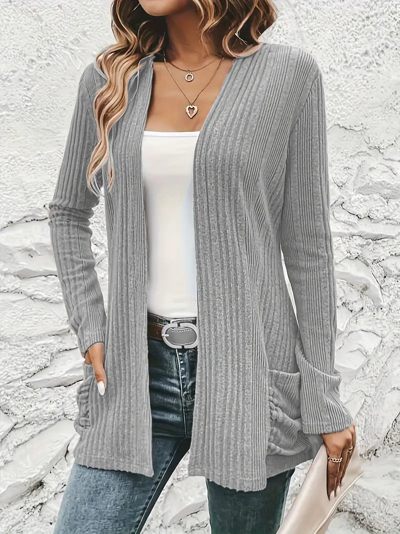 Sfrcord® Solid Open Front Rib Knit Cardigan